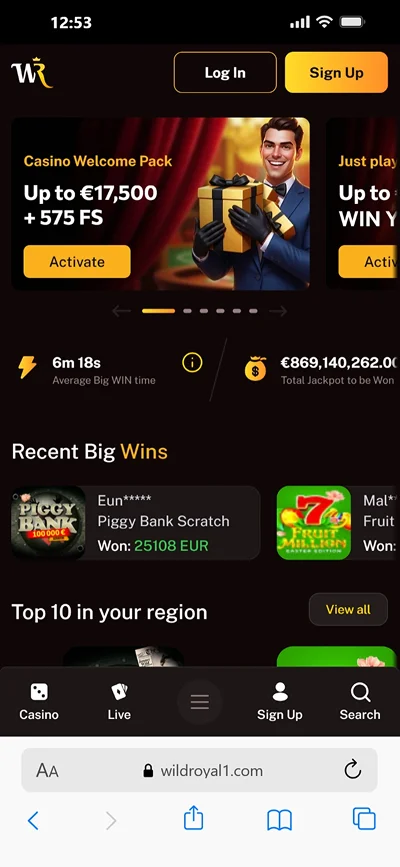 Mobiele app van Wild Royal